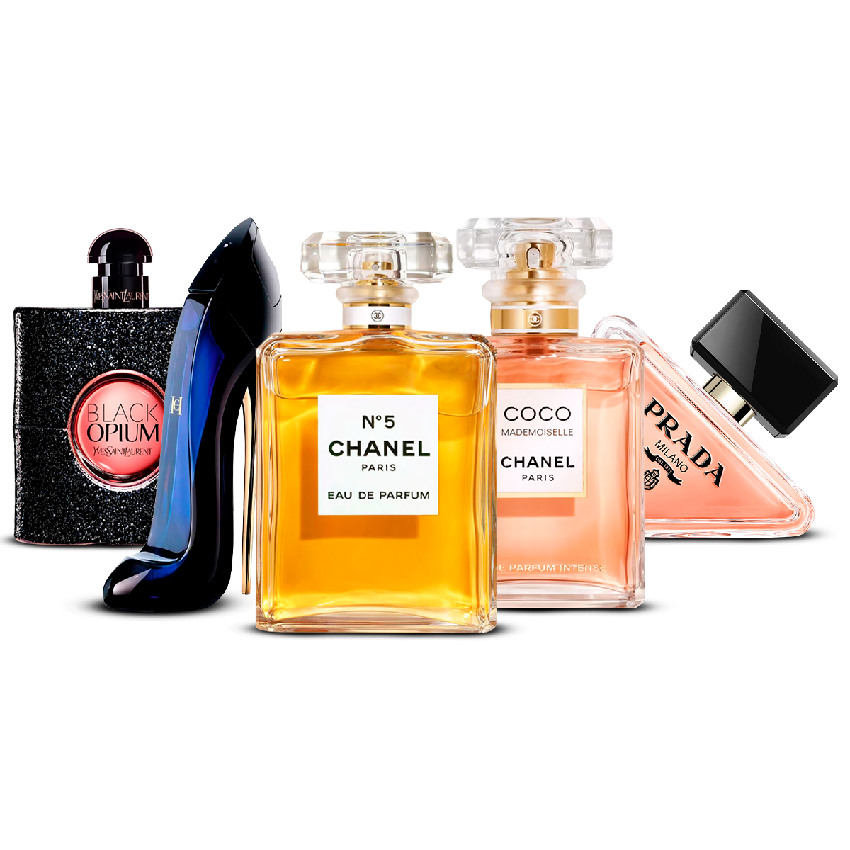 Zestaw 5 Perfum – Black Opium, Good Girl, Chanel N°5, Coco Mademoiselle e Prada Paradoxe [100 ml každý]
